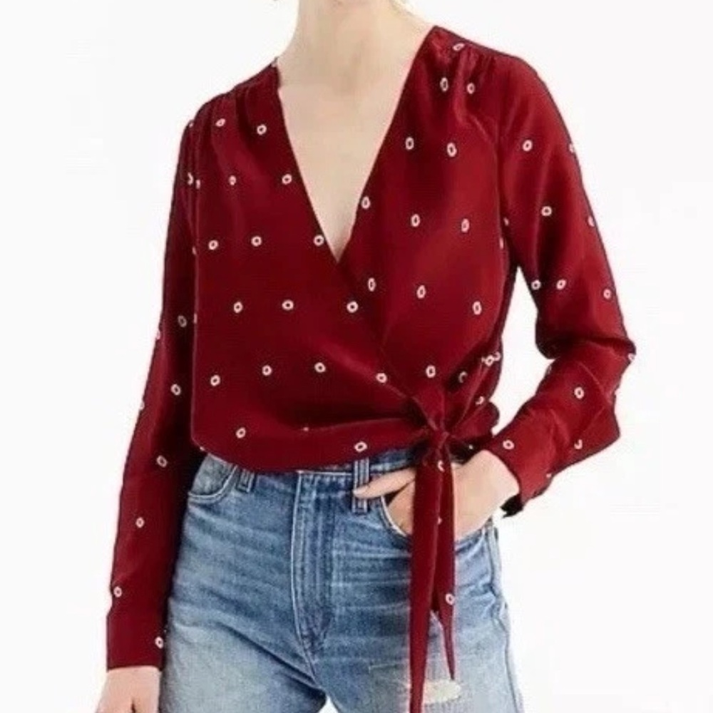 J. Crew Deep Red Wrap Blouse with Pattern